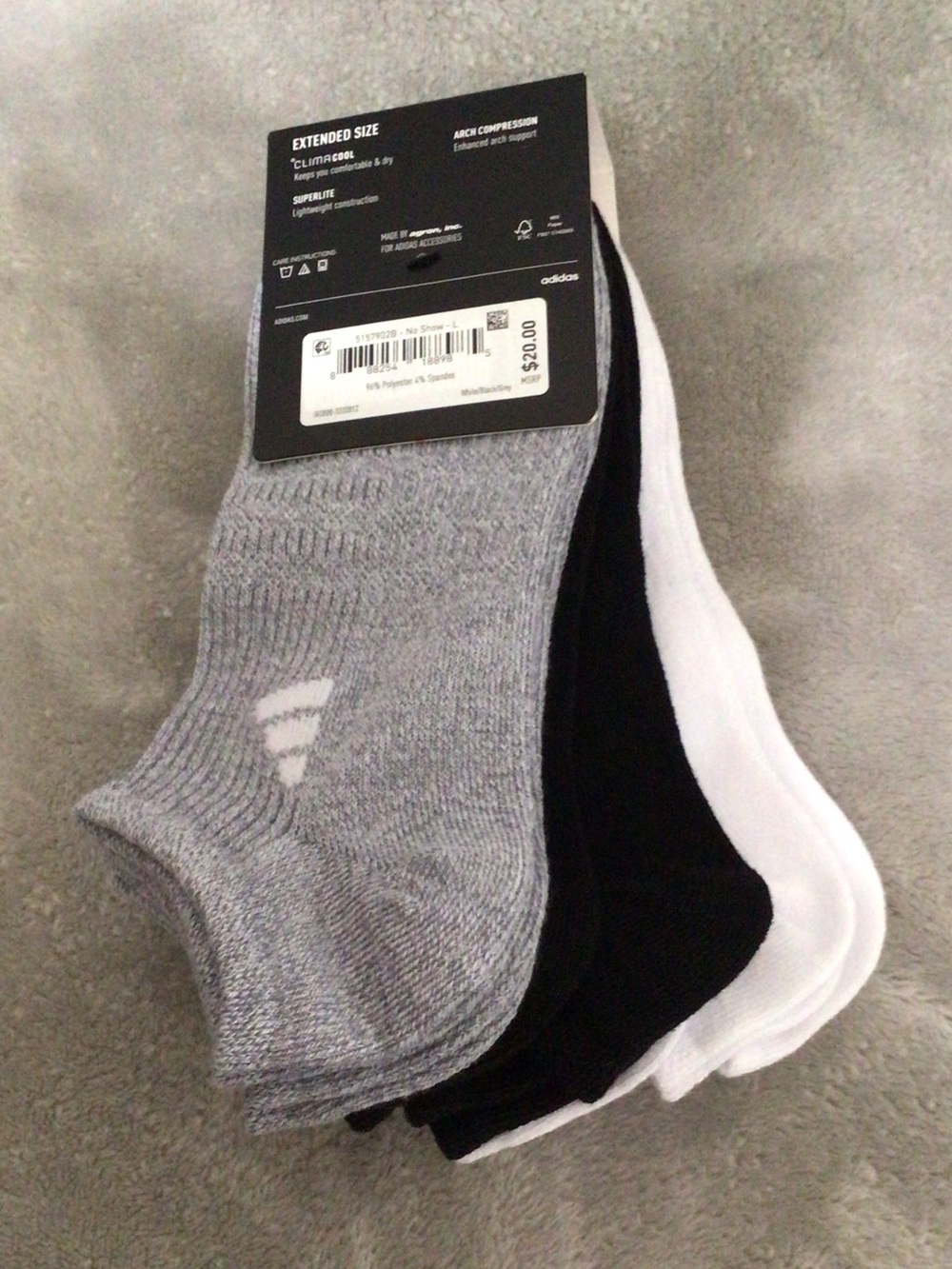 ADIDAS~Women’s 3-Pack No Show Athletic Socks – Gray,Black & White